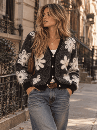 WOMEN'S LONG SLEEVE V-NECK BUTTON UP FUZZY FLOWERS SWEATER