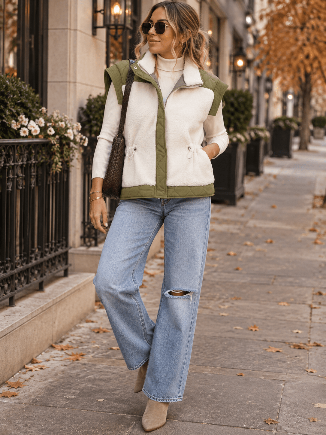 WOMEN'S SLEEVELESS BUTTON CLOSURE ADJUSTABLE WAIST SHERPA CONTRAST VEST