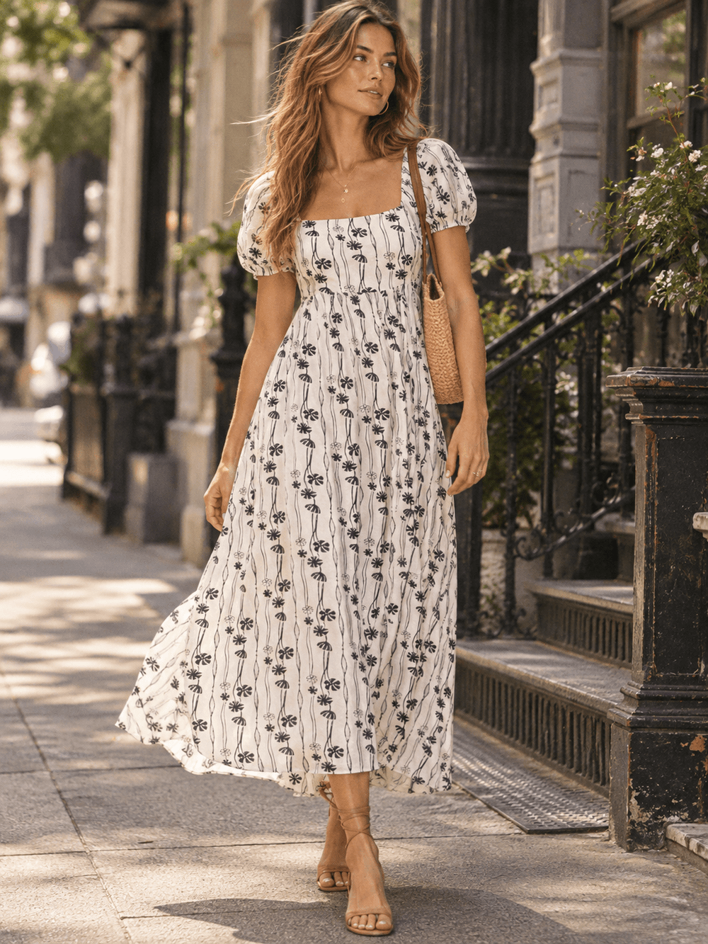WOMEN'S SHORT PUFF SLEEVE SQUARE NECK SMOCK FLORAL PRINT MAXI DRESS