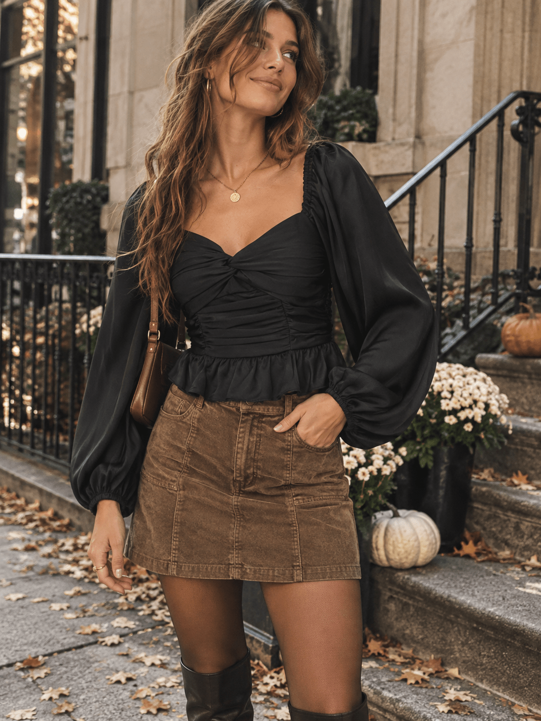 WOMEN'S LONG SLEEVE V-NECK SMOCK BLOUSE
