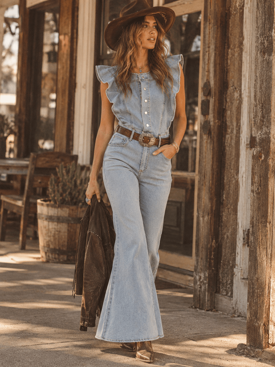 WOMEN'S RUFFLE SLEEVES BUTTON UP FRONT POCKETS BELL LEG DENIM JUMPSUIT