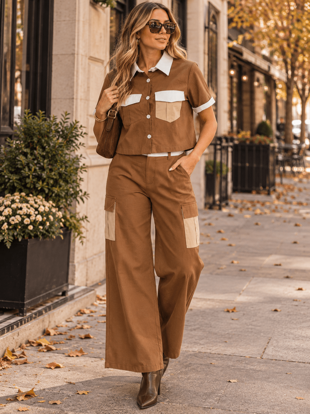 WOMEN'S SHORT SLEEVE BUTTON UP BLOUSE & ELASTIC WAIST WIDE LEG PANTS COLORBLOCK 2PC. SET