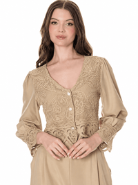 WOMEN'S LONG SLEEVE BUTTON UP BLOUSE & ELASTIC WAIST WIDE LEG PANTS CROCHET DETAILED 2PC. SET