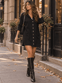 WOMEN'S LONG SLEEVE V-NECK BUTTON UP FRONT POCKETS LINEN MINI DRESS