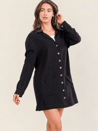 WOMEN'S LONG SLEEVE V-NECK BUTTON UP FRONT POCKETS LINEN MINI DRESS