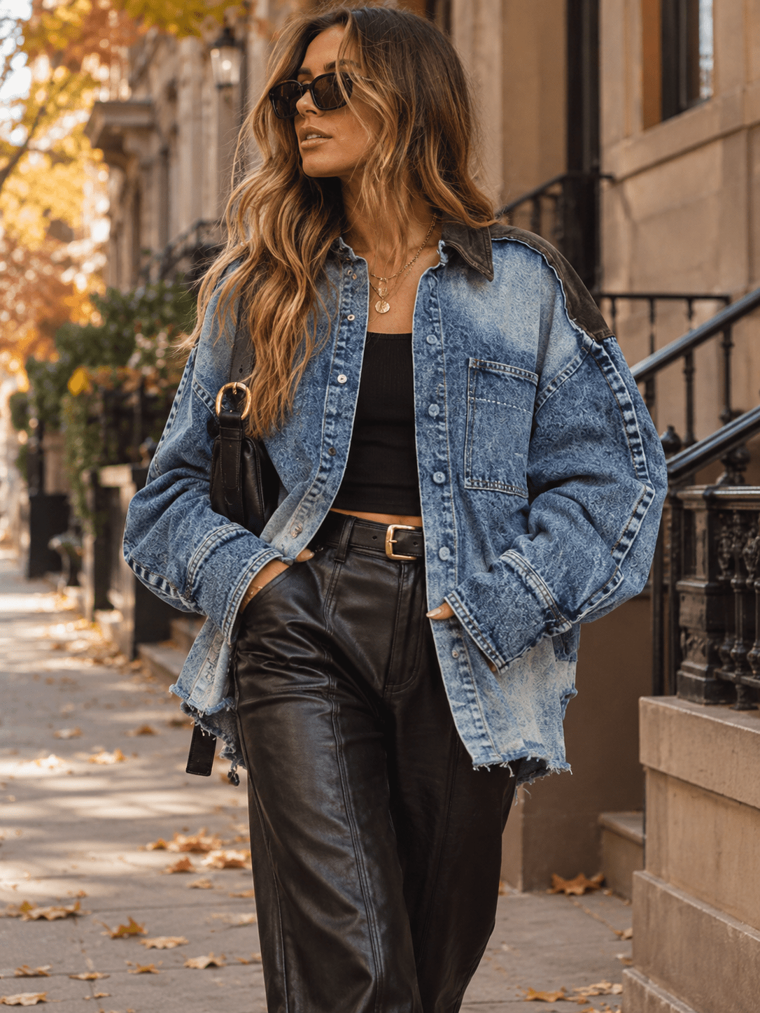 WOMEN'S LONG SLEEVE BUTTON CLOSURE FRONT POCKET DENIM WASHED CONTRAST JACKET