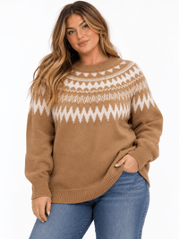 PLUS SIZE LONG SLEEVE HOLIDAY PRINT PULLOVER SWEATER