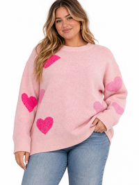 PLUS SIZE LONG SLEEVE HEARTS GRAPHIC PULLOVER SWEATER