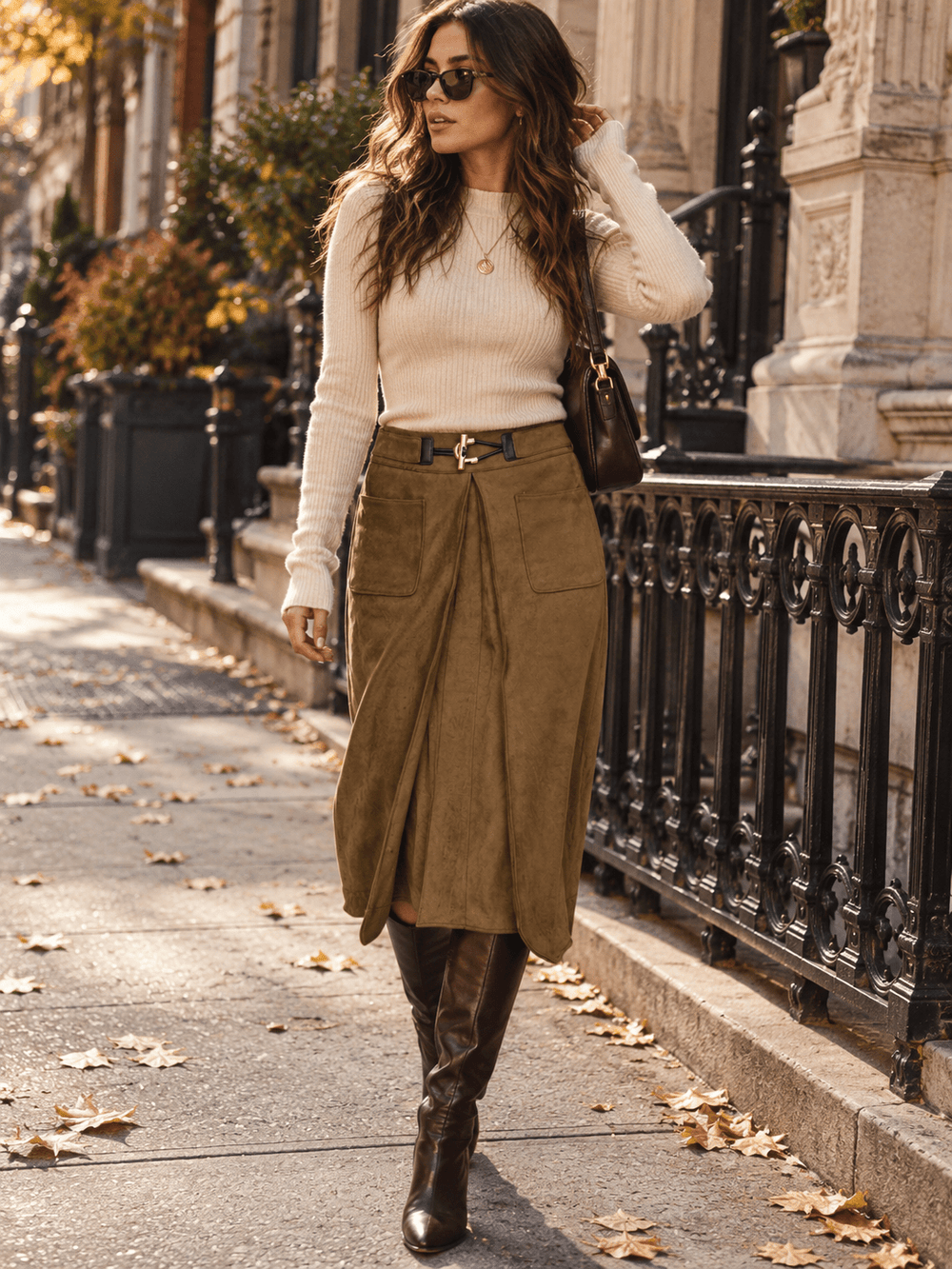 WOMEN'S ZIP UP FRONT POCKETS BUCKLE DETAILED VELVET MIDI SKIRT