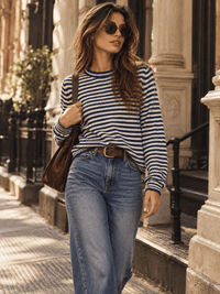 WOMEN'S LONG SLEEVE COLORBLOCK STRIPES KNIT PULLOVER SWEATER