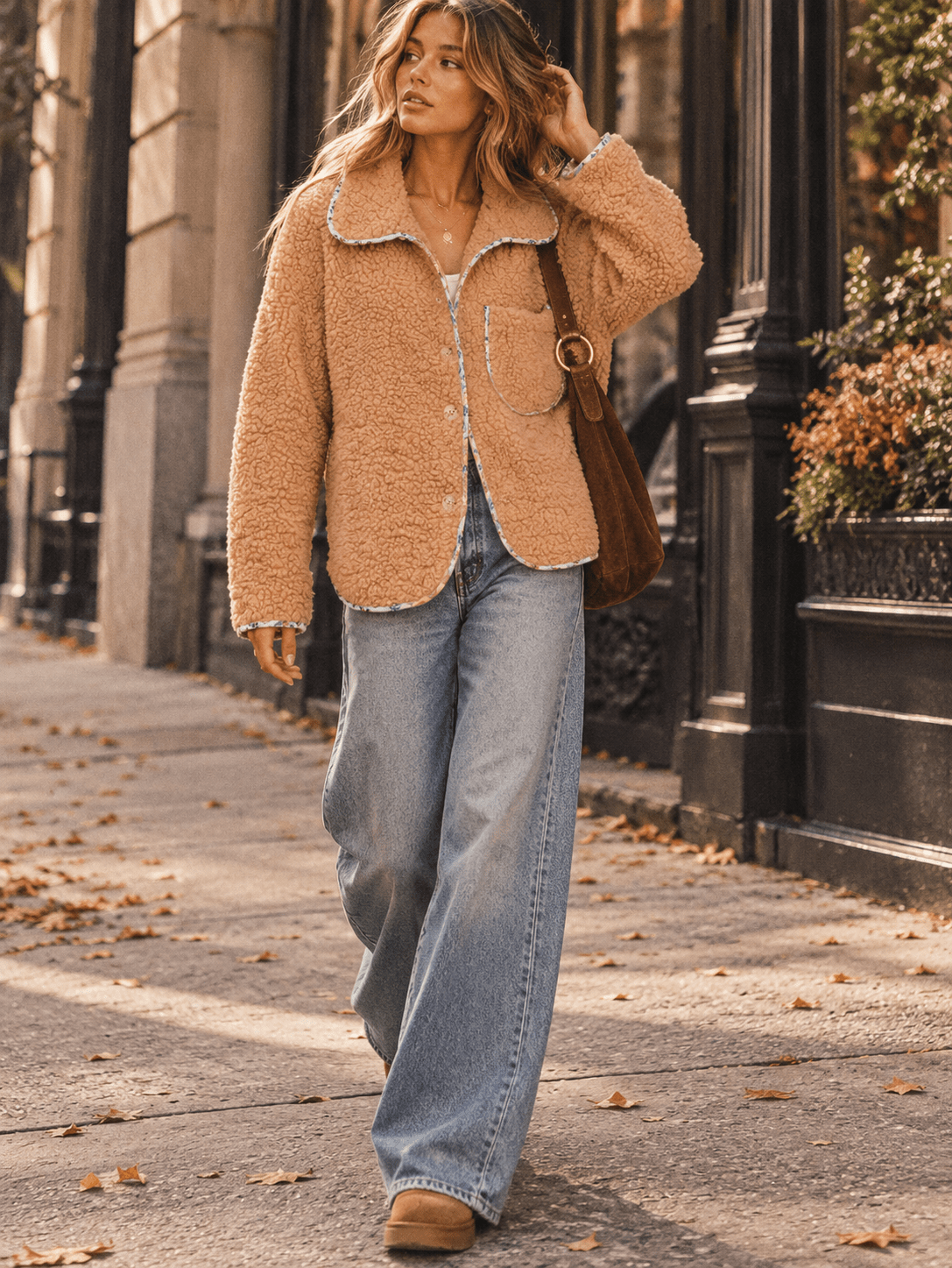 WOMEN'S LONG SLEEVE BUTTON CLOSURE FRONT POCKET FLORAL SHERPA JACKET