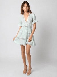 ******WOMEN'S SHORT SLEEVE V-NECK ELASTIC WAIST CROCHET DETAILED MINI DRESS