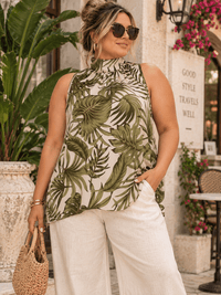 ENTRO PLUS SIZE SLEEVELESS TURTLE NECK LEAF PRINT BLOUSE