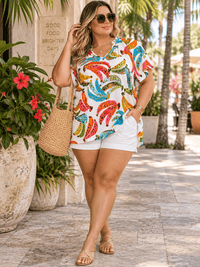 ENTRO PLUS SIZE SHORT SLEEVE V-NECK MULTI PRINT HIGH-LOW BLOUSE