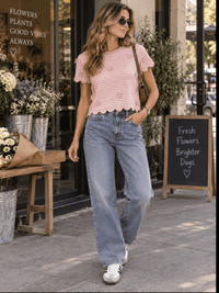 WOMEN'S SHORT SLEEVE COLORBLOCK STRIPES BOWS DETAILED BLOUSE