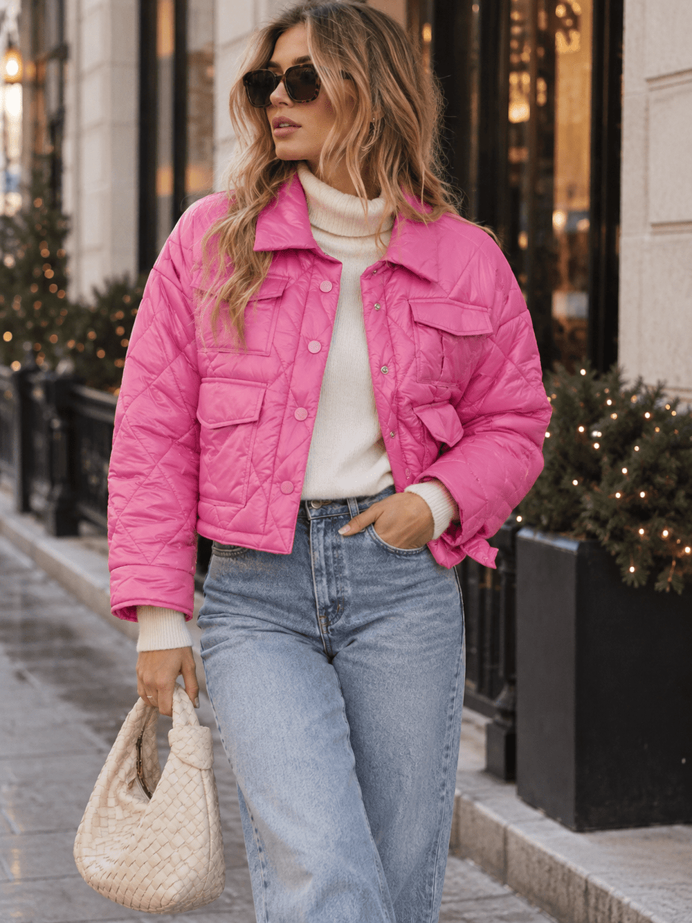 WOMEN'S LONG SLEEVE BUTTON CLOSURE FRONT POCKETS PUFFER JACKET