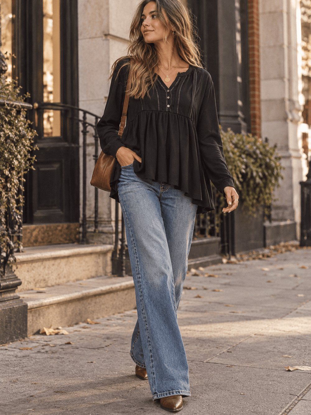 WOMEN'S LONG SLEEVE V-NECK BUTTON CLOSURE TUNIC TOP