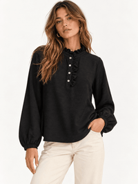 WOMEN'S LONG SLEEVE RUFFLE NECK BUTTON UP BLOUSE
