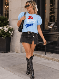 WOMEN'S SHORT PUFF SLEEVE GRAPHIC TOP