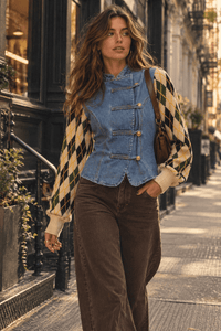 WOMEN'S LONG SLEEVE BUTTON CLOSURE DENIM CONTRAST JACKET