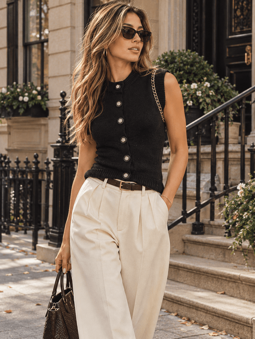 WOMEN'S SLEEVELESS BUTTON UP CHAIN DETAILED KNIT BLOUSE