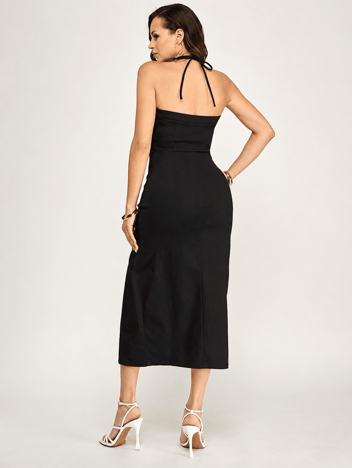 WOMEN'S SLEEVELESS HALTER NECK SIDE SLIT MAXI DRESS