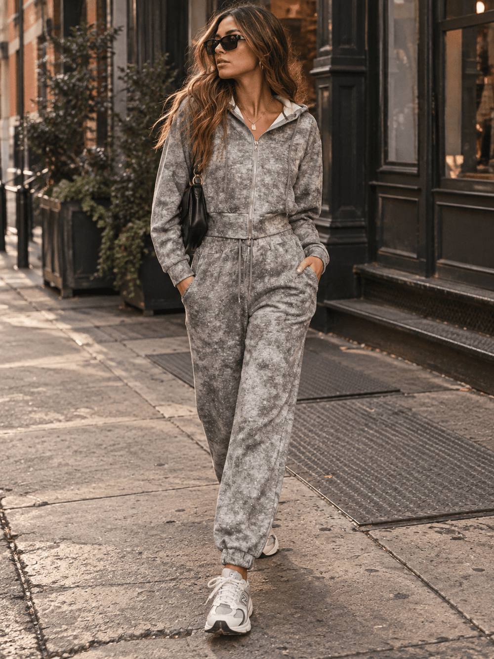 WOMEN'S LONG SLEEVE HOODED ZIP UP SWEATER & ELASTIC WAIST JOGGER LEG PANTS TIE DYE RHINESTONES DETAILED 2PC. SET