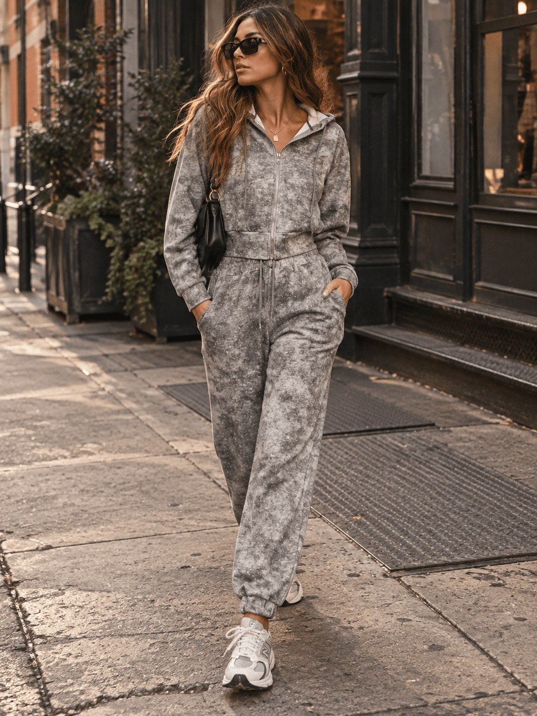 WOMEN'S LONG SLEEVE HOODED ZIP UP SWEATER & ELASTIC WAIST JOGGER LEG PANTS TIE DYE RHINESTONES DETAILED 2PC. SET