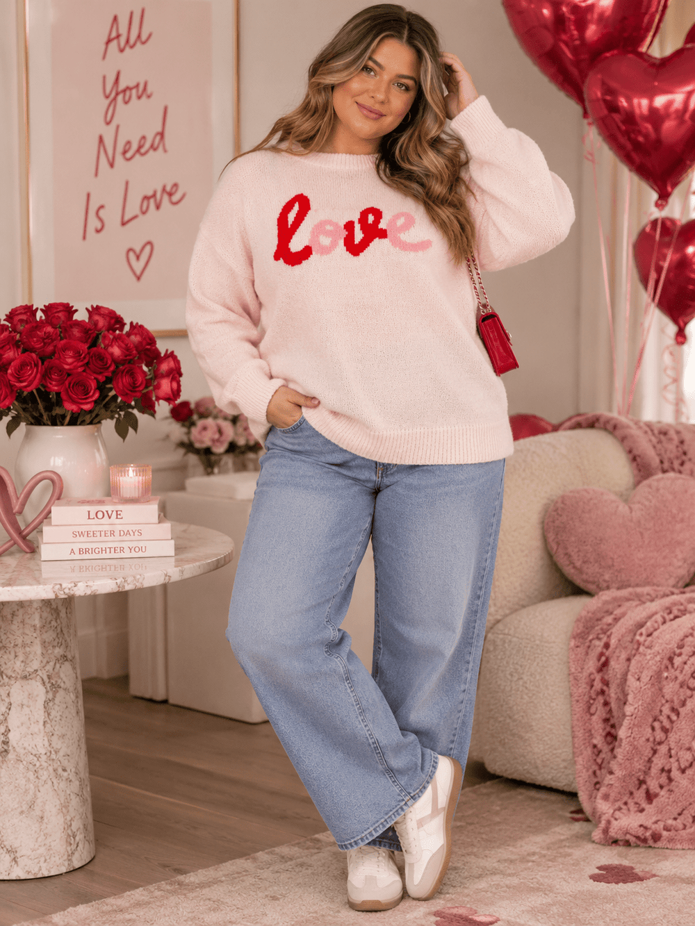 ****PLUS SIZE LONG SLEEVE LOVE PRINT PULLOVER COLORBLOCK SWEATER