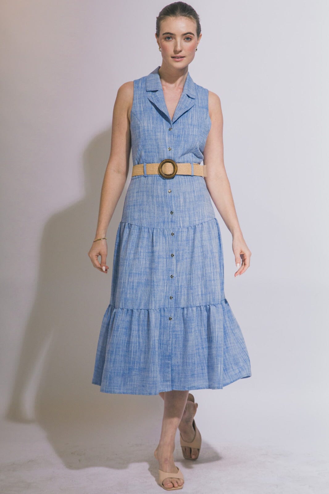 WOMEN'S SLEEVELESS BUTTON UP BELTED TIERED MIDI DRESS
