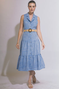 WOMEN'S SLEEVELESS BUTTON UP BELTED TIERED MIDI DRESS