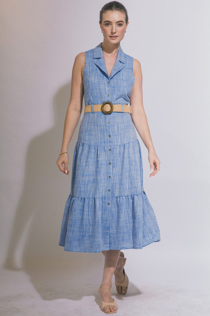 WOMEN'S SLEEVELESS BUTTON UP BELTED TIERED MIDI DRESS