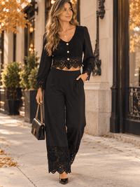 WOMEN'S LONG SLEEVE BUTTON UP BLOUSE & ELASTIC WAIST WIDE LEG PANTS CROCHET DETAILED 2PC. SET