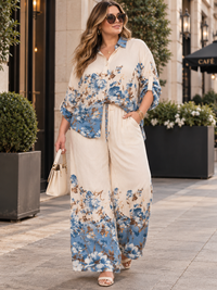 PLUS SIZE 3/4 SLEEVE BUTTON UP BLOUSE & ELASTIC WAIST WIDE LEG PANTS FLORAL 2PC. SET