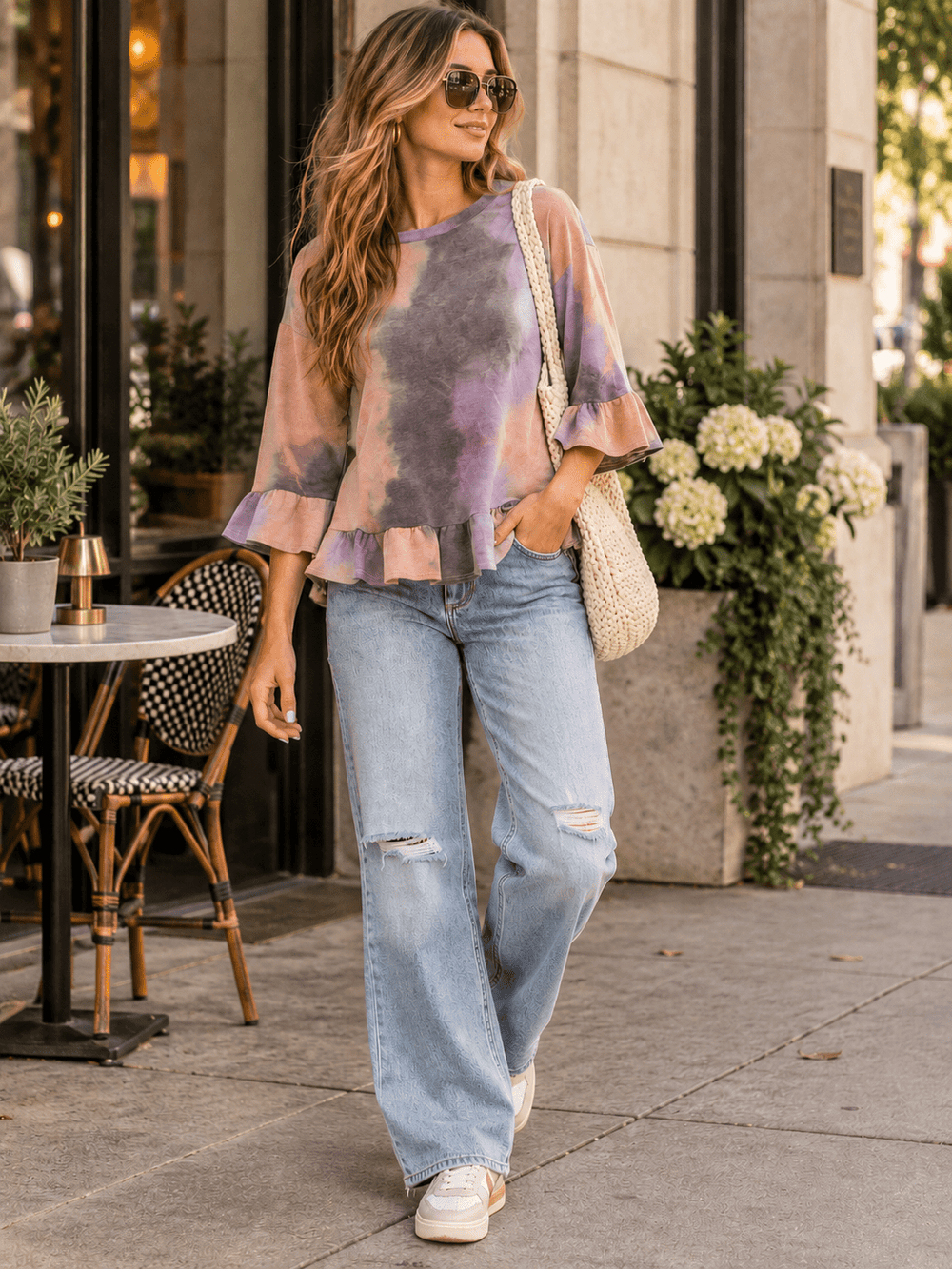 ENTRO WOMEN'S SHORT SLEEVE TIE DYE BLOUSE