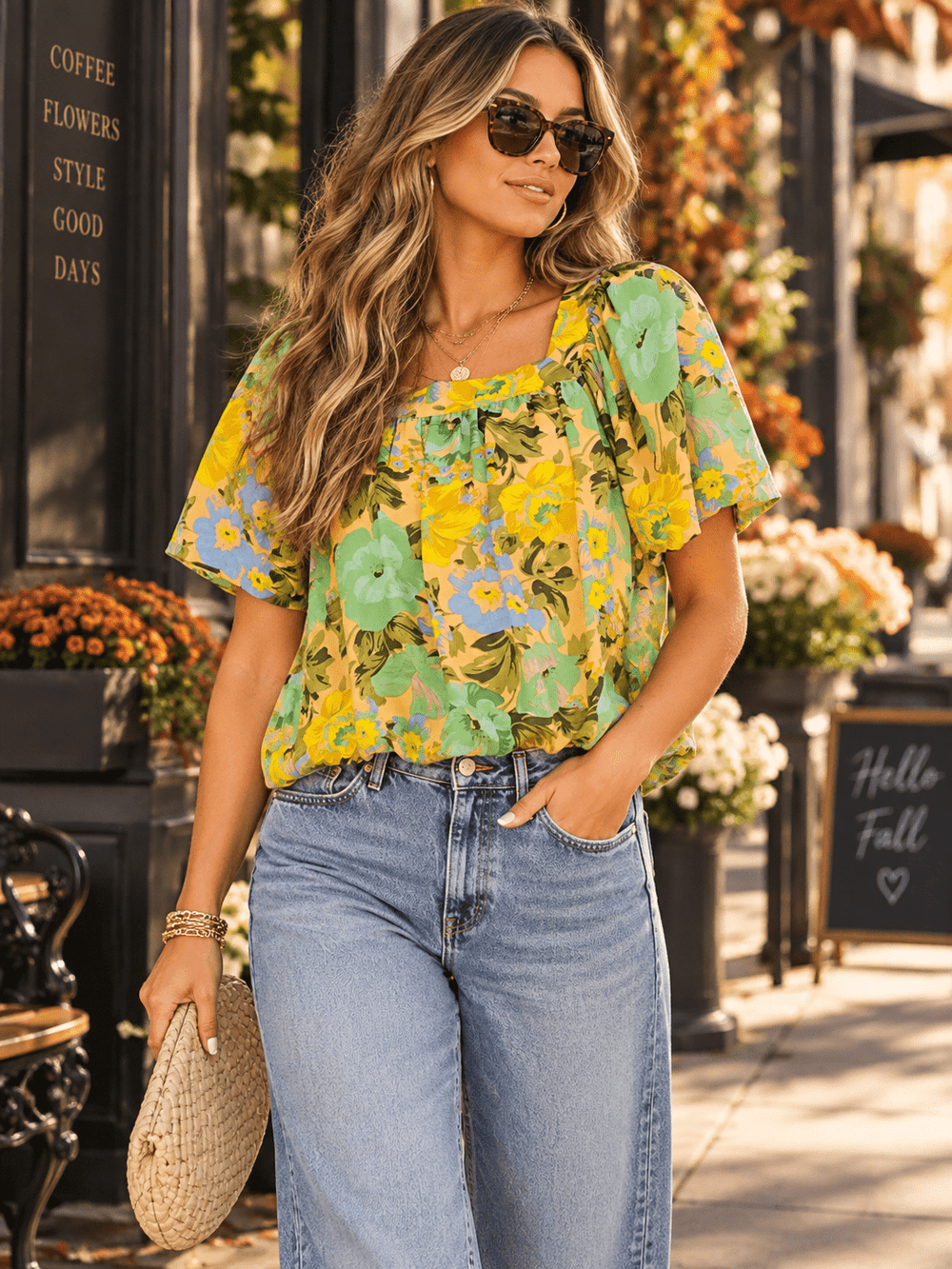 WOMEN'S SHORT PUFF SLEEVE SQUARE NECK ELASTIC WAIST FLORAL PRINT BLOUSE