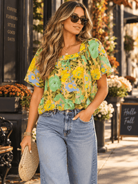 WOMEN'S SHORT PUFF SLEEVE SQUARE NECK ELASTIC WAIST FLORAL PRINT BLOUSE