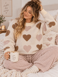 WOMEN'S LONG SLEEVE HEARTS PRINT PULLOVER COLORBLOCK SWEATER
