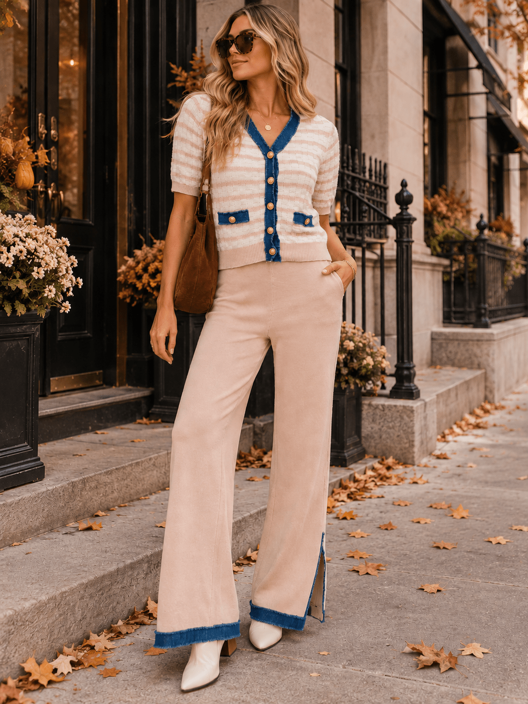 WOMEN'S SHORT SLEEVE V-NECK BLOUSE & ELASTIC WAIST WIDE LEG PANTS COLORBLOCK 2PC. SET