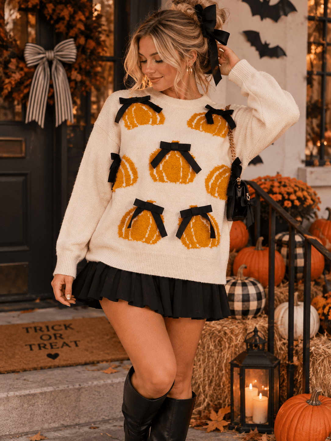 WOMEN'S LONG SLEEVE PUMPKINS GRAPHIC PULLOVER SWEATER