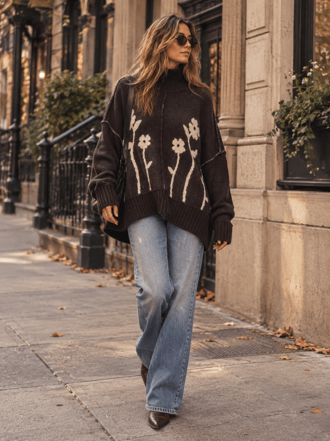 WOMEN'S LONG SLEEVE TURTLE NECK PULLOVER FLORAL PRINT SWEATER