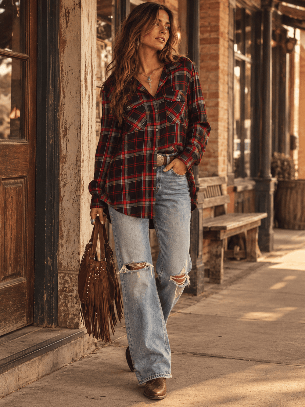 WOMEN'S LONG SLEEVE V-NECK BUTTON CLOSURE FRONT POCKET PLAID SHIRT