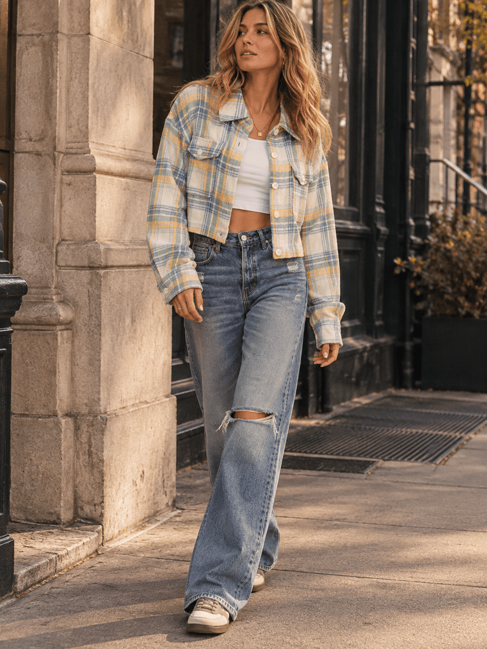 WOMEN'S LONG SLEEVE BUTTON UP FRONT POCKETS PLAID JACKET