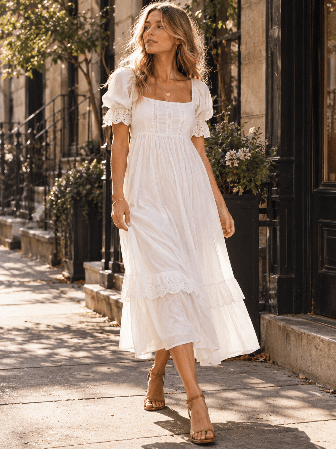 WOMEN'S SHORT PUFF SLEEVE SQUARE NECK CROCHET SMOCK TIERED MAXI DRESS