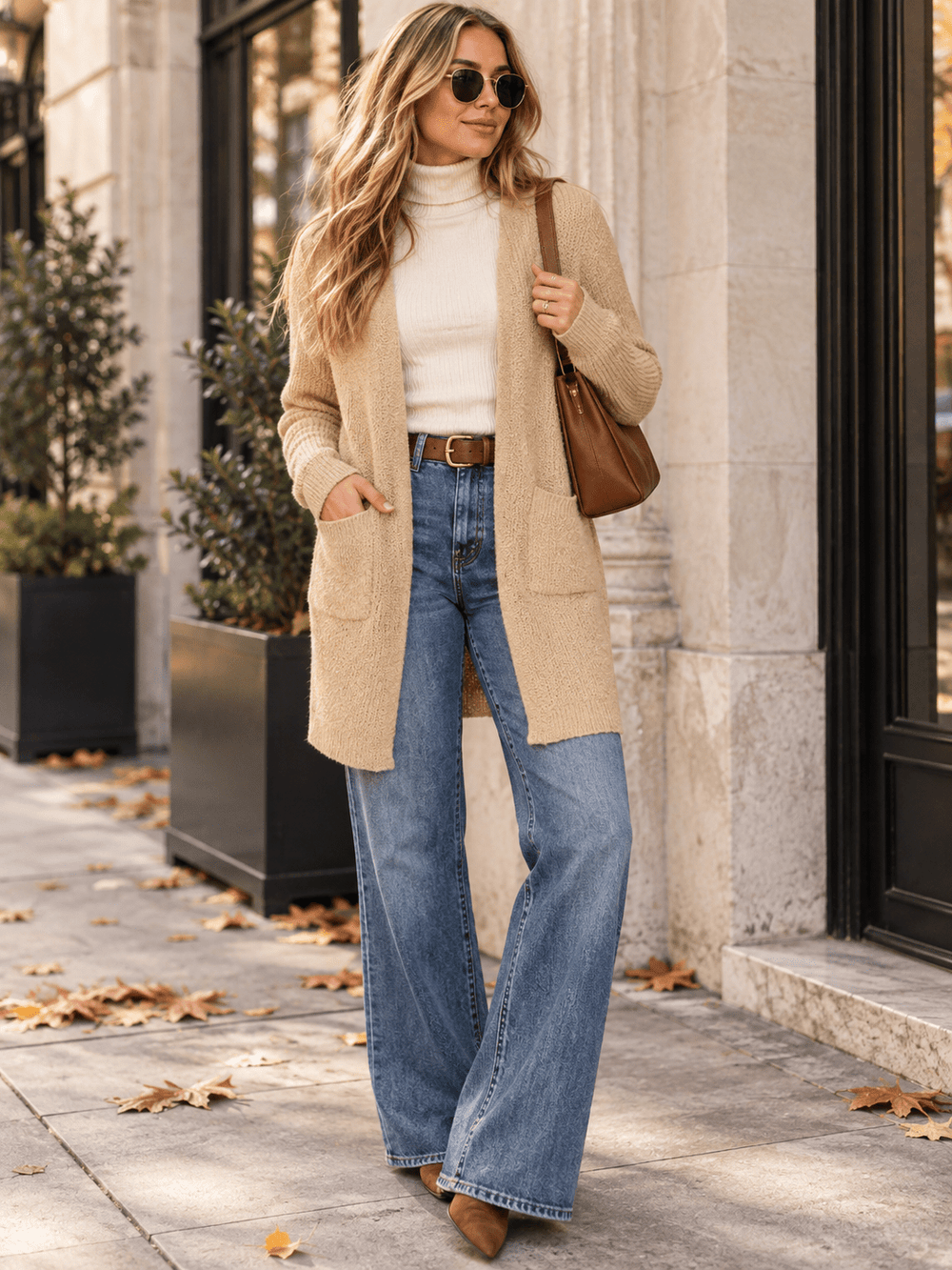 WOMEN'S LONG SLEEVE OPEN FRONT POCKETS KNIT CARDIGAN
