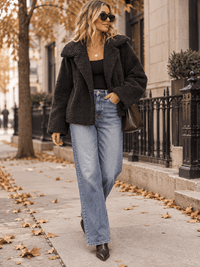 WOMEN'S LONG SLEEVE OPEN FRONT POCKETS SHERPA JACKET