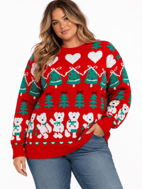 PLUS SIZE LONG SLEEVE HOLIDAY PRINT PULLOVER SWEATER
