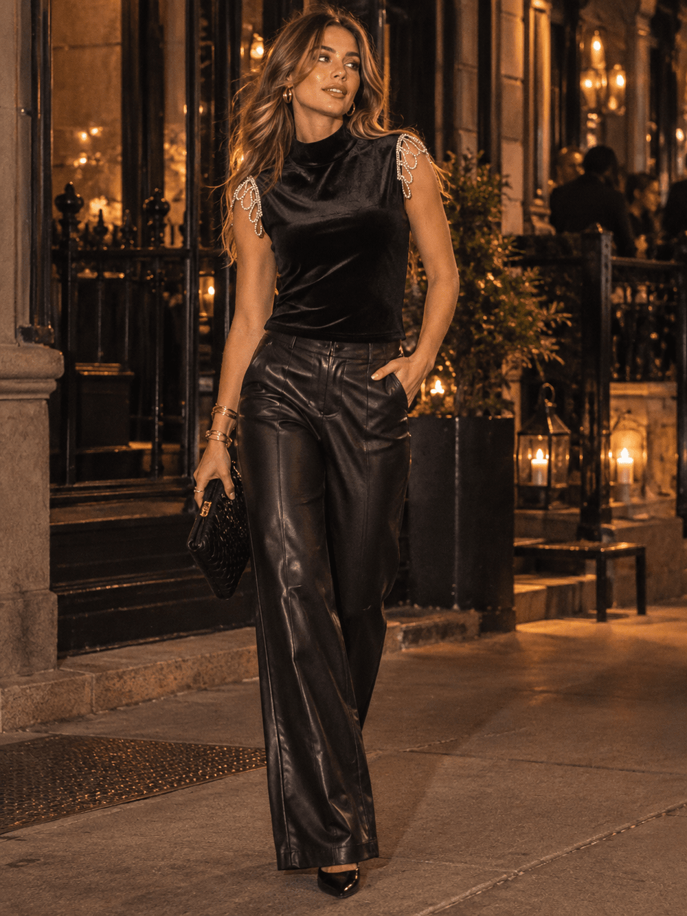 WOMEN'S SLEEVELESS MOCK NECK RHINESTONES TRIM DETAILED VELVET BLOUSE