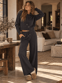 WOMEN'S LONG SLEEVE HOODED SWEATER & ELASTIC WAIST POCKETS WIDE LEG PANTS CABLE KNIT 2PC. SET