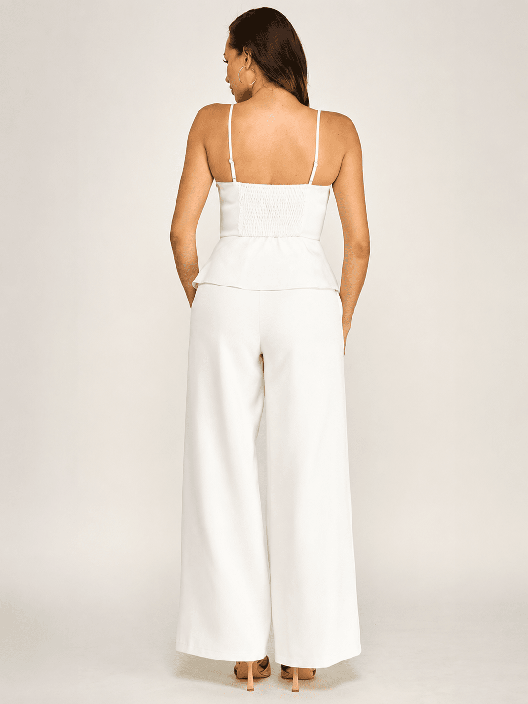 WOMEN'S SLEEVELESS V-NECK PEPLUM TOP & ZIP UP POCKETS WIDE LEG PANTS 2PC. SET